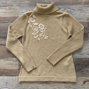 Kasper Neutral Beige and White Embroidered Wool Turtleneck Sweater Sz S